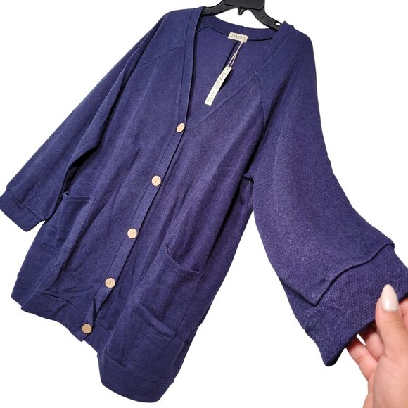 Larace Women Plus Size Long Sleeve Button Down Cardigan With Pockets - Navy Blue - Picture 2 of 10
